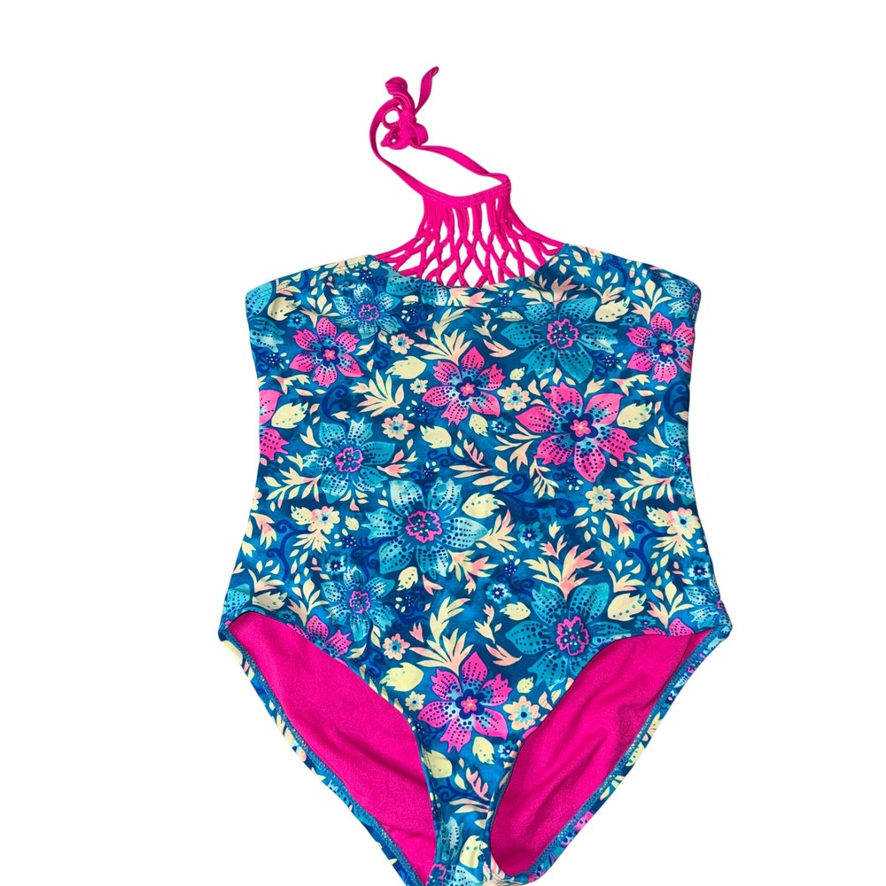 Breaking Waves One Piece Swimsuit 16 Blue Pink Floral Macrame Halter Neck